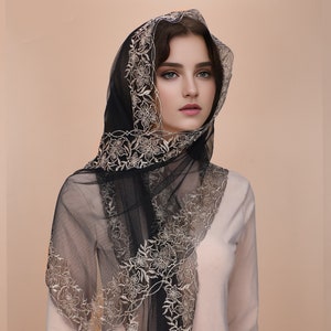 Catholic Mandilla Church Veil - Rectangular Cross Floral Embroidery Veil Latin Mass Church Lace Shawl Mass Veil