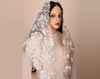 Catholic Veils For Mass, Triangular veil peony embroidery lace veil Spanish  traditional catholic veil