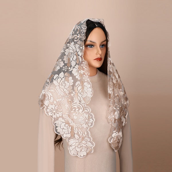 Catholic Veils For Mass, Triangular veil peony embroidery lace veil Spanish  traditional catholic veil