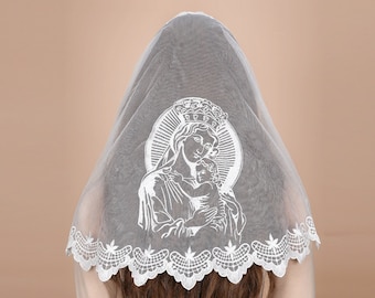 Embroidered Lace Mantilla Veil: Virgin Mary and Jesus, Catholic Chapel Veil