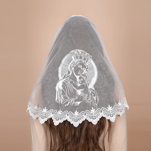 Mantveil D Shape Mantilla Chapel Veil: Traditional Black, White or Black Gold Virgin Mary and Jesus Embroidered Lace Catholic Church Veils
