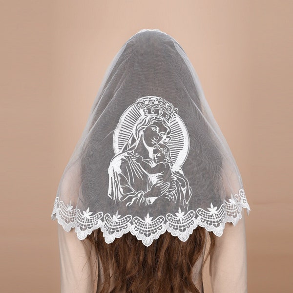 Mantveil D Shape Mantilla Chapel Veil: Traditional Black, White or Black Gold Virgin Mary and Jesus Embroidered Lace Catholic Church Veils