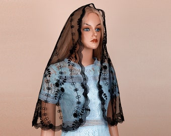 Traditional Catholic Chapel Veil: Little Flower Flocking Lace, Classic D Shape Latin Mass Mantilla