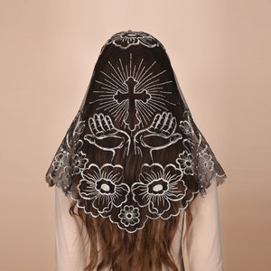 Mantveil Triangle Mantilla Chapel Veil: Traditional Black, White or Black Gold Cross Prayer Embroidered Lace Catholic Church Veils