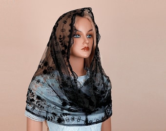 Mantveil Infinity Mantilla Velo de capilla: Velos de iglesia católica de encaje flocado de flores blancas o negras de estilo español para mujeres