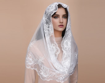 ¡Novedad! Velo de encaje infinito para iglesia con estampado de camelia, velo de encaje para misa, diadema católica