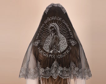 Catholic D Shape Mantveil: Black Gold Our Lady Embroidered Lace Chapel Mass Veil