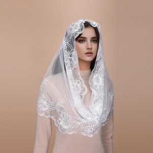 New! Infinity Lace Church Veil with Camellia Pattern, Lace Mass Church Veil, Catholic Headband