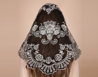 Mantveil Triangle Mantilla Chapel Veil: Traditional Black, White or Black Gold Flower Embroidered Lace Catholic Church Veils