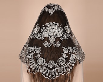 Embroidered Flower Lace Mantilla Veil: Catholic Church Chapel Veil