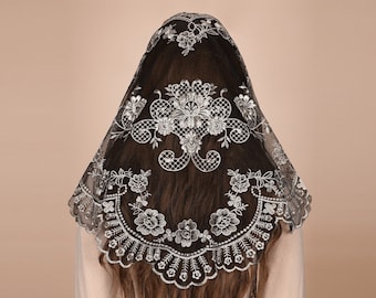 Mantveil Triangle Mantilla Chapel Veil: Velos tradicionales de iglesia católica de encaje bordado con flores de oro negro, blanco o negro