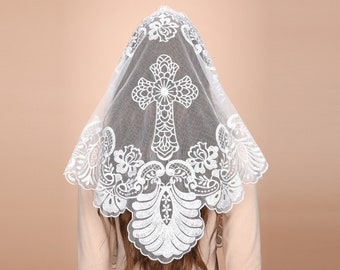 Mantveil Driehoek Mantilla Kapel Sluier: Traditionele zwarte, witte of zwarte gouden kruis geborduurde kanten katholieke kerk sluiers voor de mis