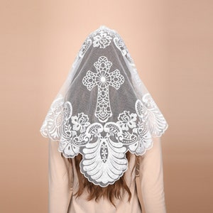 Mantveil Triangle Mantilla Chapel Veil: Traditional Black, White or Black Gold Cross Embroidered Lace Catholic Church Veils for Mass image 1