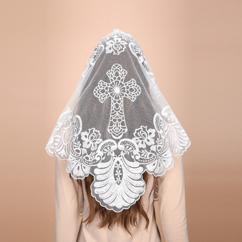 Mantveil Triangle Mantilla Chapel Veil: Traditional Black, White or Black Gold Cross Embroidered Lace Catholic Church Veils for Mass
