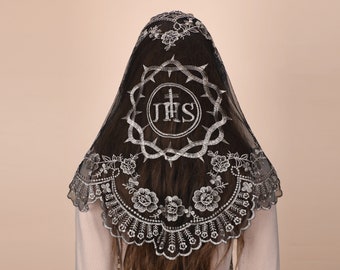 Mantveil Triangle Catholic Chapel Veil: Black, White or Black Gold JHS Symbol with Camellia Lace Church Mass Veil