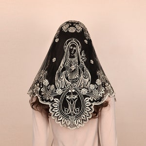 New!! Catholic Veil Triangular One Piece Veil Sacred Heart Pattern Veil Camellia Mesh Embroidered Veil Mass Veil