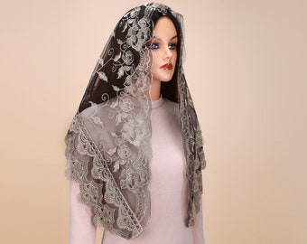 Catholic Veil - Triangle Rose Embroidery Chapel Lace Mass Veil Spanish Mass Scarf for Women