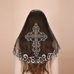 Mantveil D Shaped Mantilla Chapel Veil: Traditional Black, White or Black Gold Cross Embroidered Lace Catholic Church Veils