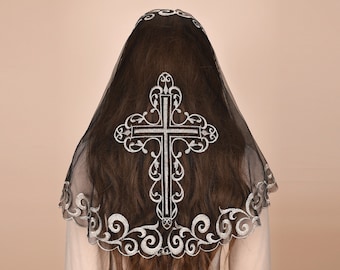 Embroidered Cross Mantilla Veil: D-Shaped Lace Chapel Veil