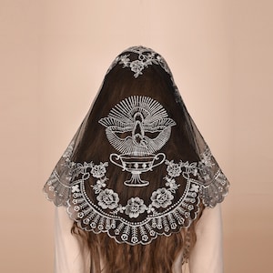 Mantveil Triangle Mantilla Chapel Veil: Traditional Black, White or Black Gold Dove with Holy Grail Embroidered Lace Catholic Church Veils