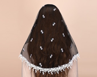 3D Daisy Embroidered Lace Mantilla Veil - Catholic Church Head Covering