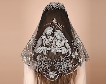 Mantveil Triangle Catholic Chapel Veil: Holy Family Sunflower Embroidery Mass Veil