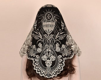 NEW!! Catholic Veil Triangular One Piece Veil Chalice Wheat Pattern Veil Camellia Mesh Embroidered Veil Mass Veil