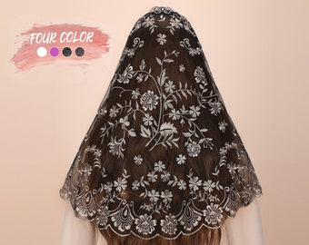 Catholic Mass Mantilla Veil catholic gift women Peony Embroidery Spanish Style Veil Church Lace Veil