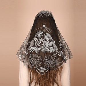 Mantveil Triangle Catholic Chapel Veil: Traditional Black, White or Black Gold Holy Family Sunflower Embroidery Church Mass Veil