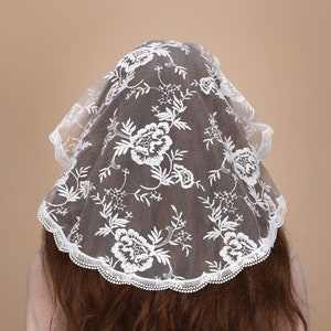 Catholic Chapel Round Mantilla Veil: White Roses Embroidery Veil, Grid Lace Veil, Church Mass Veil for Woman