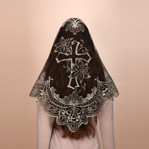 Catholic veil Triangular one piece veil Lace veil Lily flower embroidered veil Church veil black gold