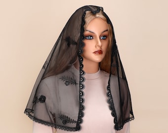 D-shaped camellia scattered Catholic mandala mid-length veil church mass elegant style lace veil