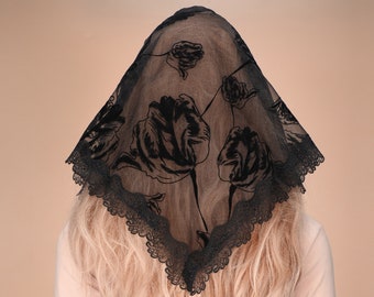 Black Triangle Mantilla Veil, Tulip Embroidery, Church Veil