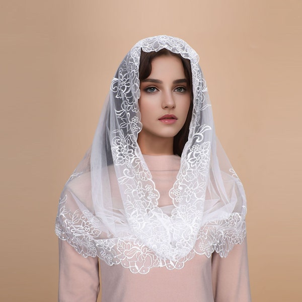 New! Infinity Veil Catholic Mandilla with Rose Embroidered Veil mass veil church veil