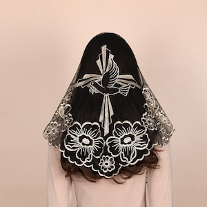 PENTECOSTAL, Triangle veil Catholic veil  cross dove Holy Spirit veil Camellia embroidered mass veil