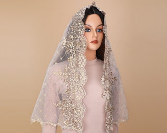 Gold Lace Camellia Catholic Veil: D Shape Church Mass Veil