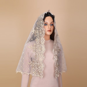 Gold Lace Camellia Catholic Veil, D Shape Lace Mass Church Veil, Catholic Head Cover Veil Mass Veil