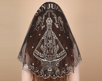 Mantveil New Catholic D Shape Veil, SAN JUAN Symbols and Our Lady Embroidery Veil, Spanish Church Mass Mantilla Veil