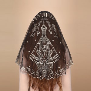 Mantveil New Catholic D Shape Veil, SAN JUAN Symbols and Our Lady Embroidery Veil, Spanish Church Mass Mantilla Veil