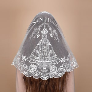 Mantveil New Catholic D Shape Veil, Our Lady of San Juan Embroidery Church Mass Veil, White Roses Lace Mantilla Veil