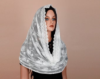 NEW! Infinity Lace chapel veil ,with floral design，lace mass chapel veil, Catholic head covering veil