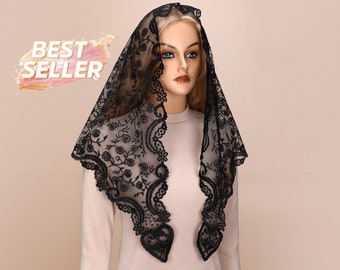 Black Traditional Catholic Triangle Mandilla Veil,  Lace Scarf  Church Veil lace mantilla