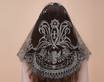 Mantveil Triangle Catholic Chapel Veil: Virgin Symbol Embroidery Mass Mantilla
