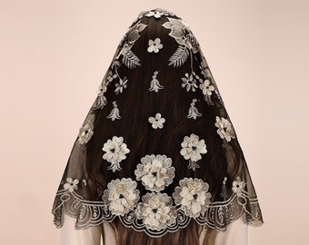 3D Rose Embroidery Church Veil - Catholic Mantilla Veil with Hairpins