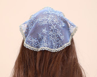 Catholic Mandilla, Gold Edge Embroidered Cropped Round Veil Church Mass Style Lace Veil