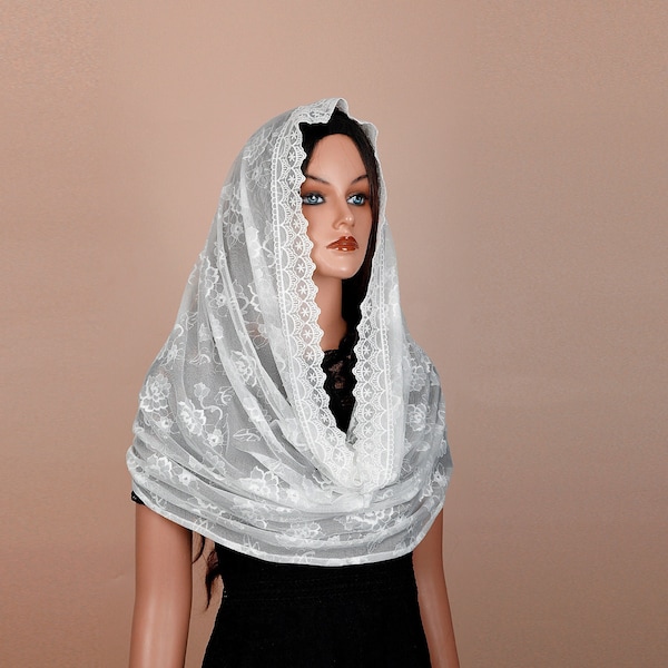 NEW! Infinity Lace chapel veil ,with floral design，lace mass chapel veil, Catholic head covering veil