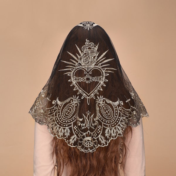 Mantveil Catholic Triangle Veil, Sacred Heart Embroidery Veil, Cross and Camellia Lace Veil,Traditional Black Gold Mantilla Veil for Mass