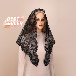 Black Traditional Catholic Triangle Mandilla Veil,  Lace Scarf  Church Veil lace mantilla