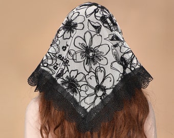 Mantveil Triangle Veil for Church, Flocking Flowers Embroidery Veil with Grid Lace, Traditional Mantilla Black Veil For Mass