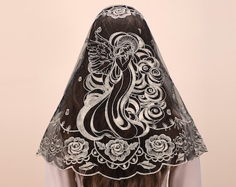 Velo de encaje bordado: Mantilla de iglesia en forma de D con flores de ángel
